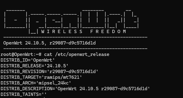 Output of cat /etc/openwrt_release: DISTRIB_TARGET='ramips/mt7621' — that's your router's platform.