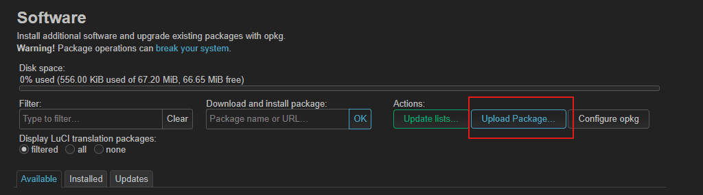 System → Software → Upload Package — uploading IPK files through LuCI.