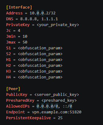 AmneziaWG config from the bot: [Interface] and [Peer] sections with Jc/Jmin/Jmax, S1–S2, H1–H4 obfuscation parameters.