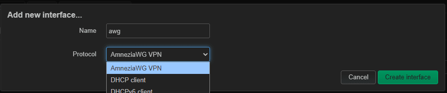 The AmneziaWG VPN protocol appears in the list once the packages are installed.