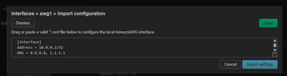 The Import configuration dialog: paste the config from the bot and click Import settings.