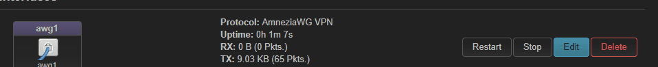 Interface is up: Protocol AmneziaWG VPN, uptime counting, packets flowing.