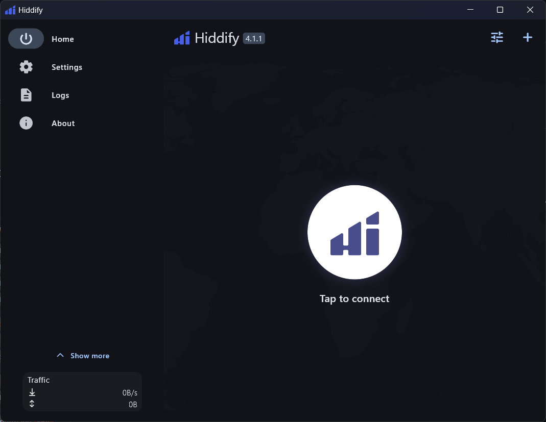 Hiddify 4.1.1 home screen on Windows right after install