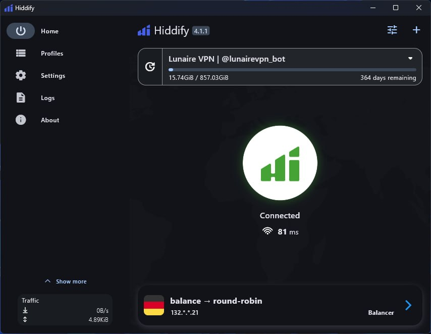 Hiddify connected to Lunaire on Windows, 81 ms, Germany node via round-robin balancer